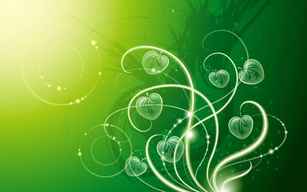 A vibrant green artistic wallpaper featuring swirling leaves and glowing lines, creating a fresh and dynamic background for your desktop.