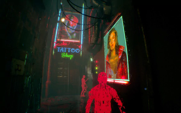 HD desktop wallpaper of an observer silhouette against neon-lit tattoo shop signage, exuding a cyberpunk vibe.