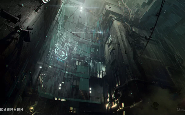 HD desktop wallpaper depicting a futuristic, cyberpunk cityscape with the word OBSERVER displayed prominently.