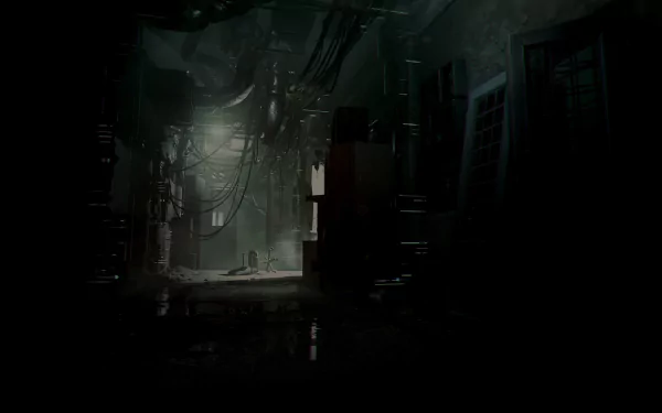 A haunting HD desktop wallpaper from the video game Observer, featuring a dimly lit corridor filled with wires and shadowy corners, creating an eerie atmosphere.