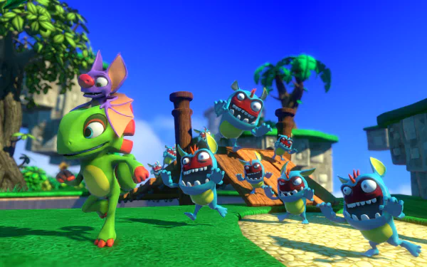 HD desktop wallpaper of Yooka-Laylee featuring characters on a vibrant adventure landscape.