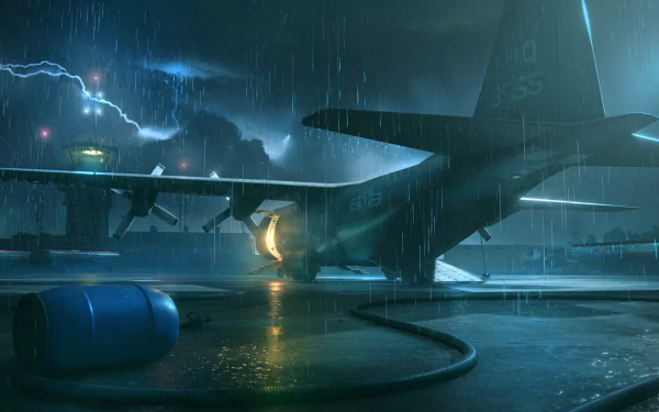 HD PC desktop wallpaper featuring aircraft on a rain-soaked airstrip with lightning, inspired by the World War Z video game atmosphere.