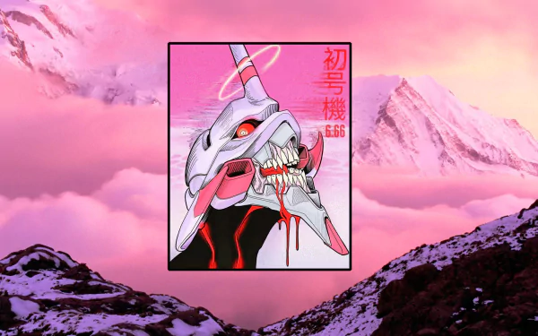 HD desktop wallpaper featuring Evangelion Unit-01 from Neon Genesis Evangelion, set against a dramatic snowy mountain and pink sky background.