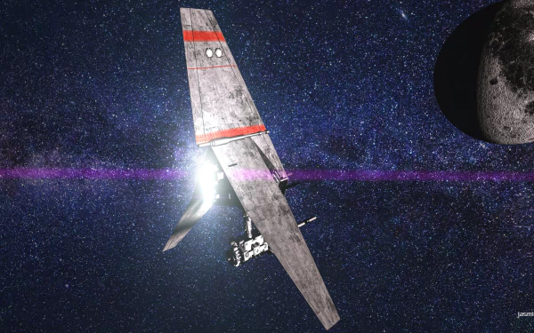 3D CGI of a T-16 Skyhopper spaceship soaring in space near a moon, with a starry sci-fi backdrop, rendered in 4K Ultra HD for a PC desktop wallpaper.