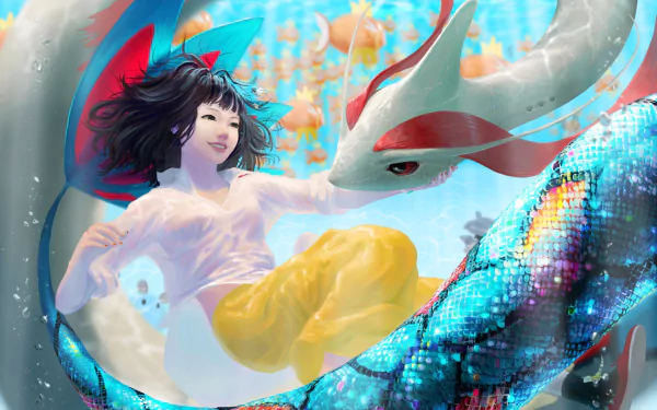 Anime-style underwater scene featuring a smiling girl with black hair surrounded by Milotic and Magikarp Pokémon in vibrant, detailed HD desktop wallpaper.