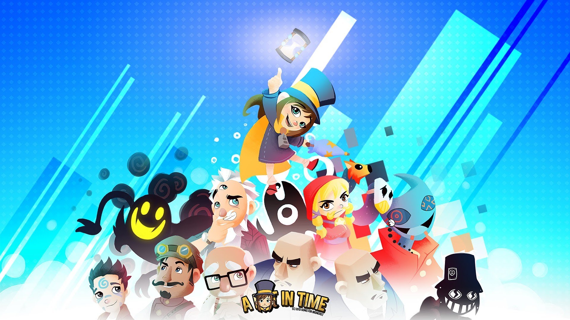 HD desktop wallpaper featuring characters from A Hat in Time game, with a vibrant, blue geometric background.