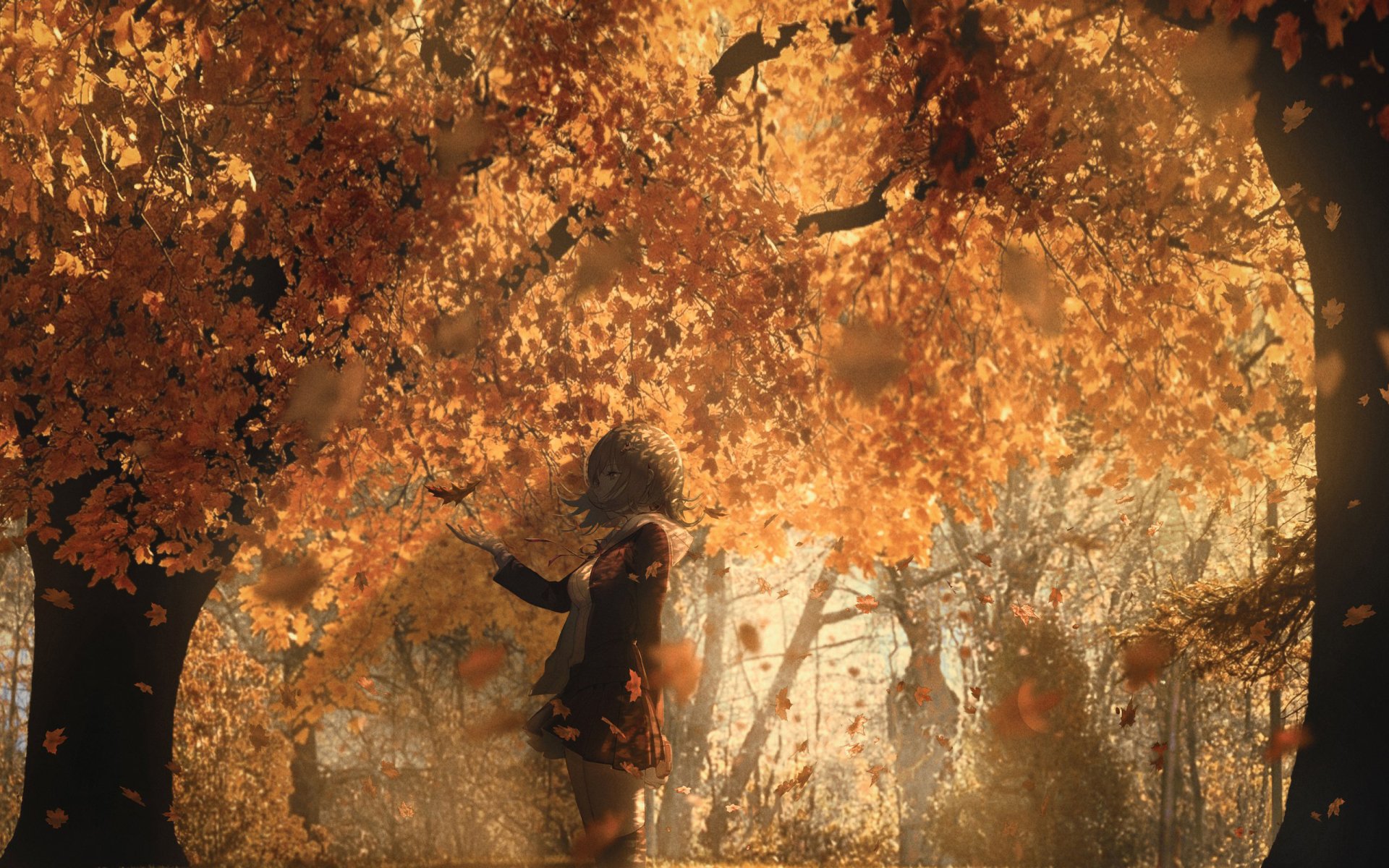 An anime-style artwork featuring a figure standing amidst autumnal trees with falling leaves. This HD desktop wallpaper evokes a serene, golden atmosphere.