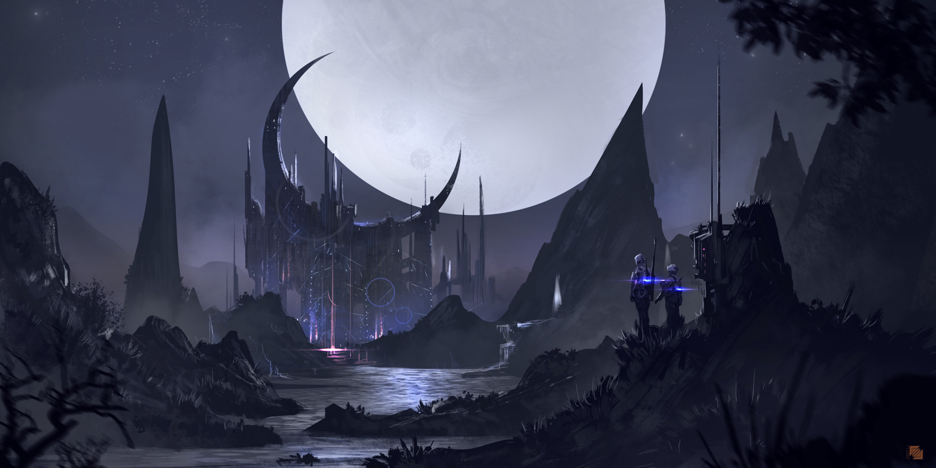 A mystical HD fantasy landscape wallpaper featuring towering spires, a large moon, and glowing violet accents set in a dark, atmospheric setting.