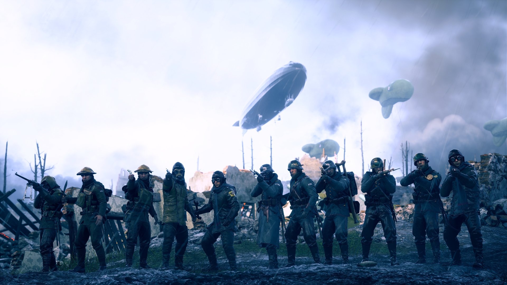 Battlefield 1 video game 5K Ultra HD PC wallpaper: World War I soldiers line a muddy battlefield as a zeppelin looms overhead and parachutes descend.