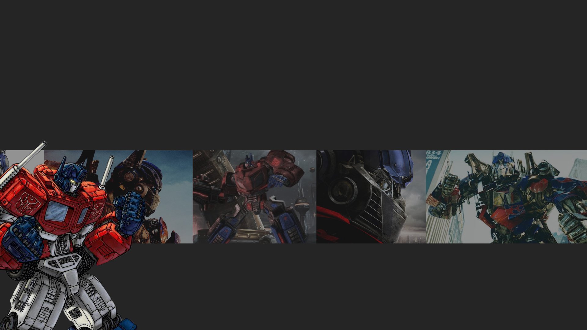 HD desktop wallpaper featuring various images of Optimus Prime from Transformers movies, set against a black background.
