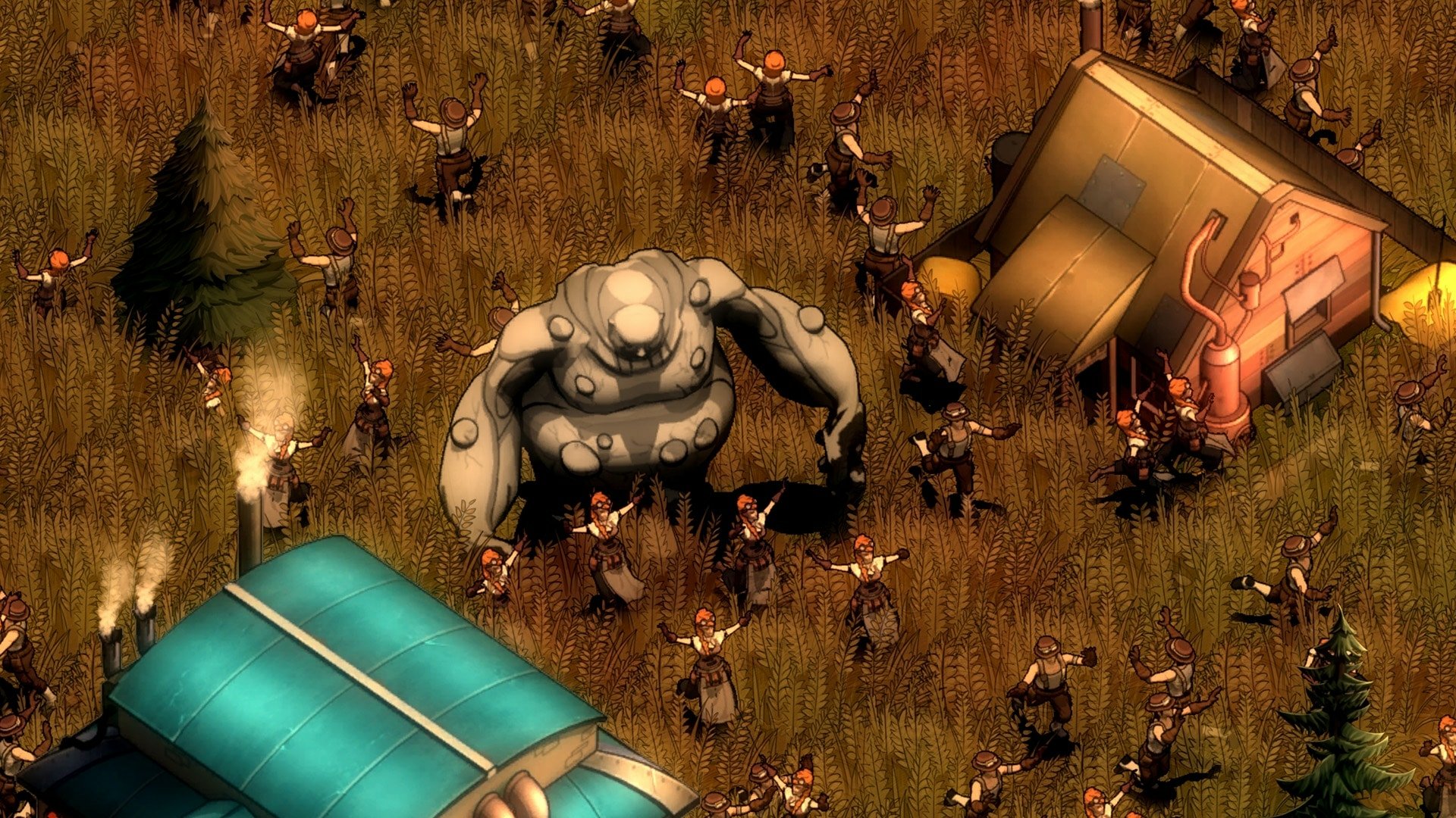 HD desktop wallpaper from the steampunk game They Are Billions, featuring a giant robot amid a horde of zombies.