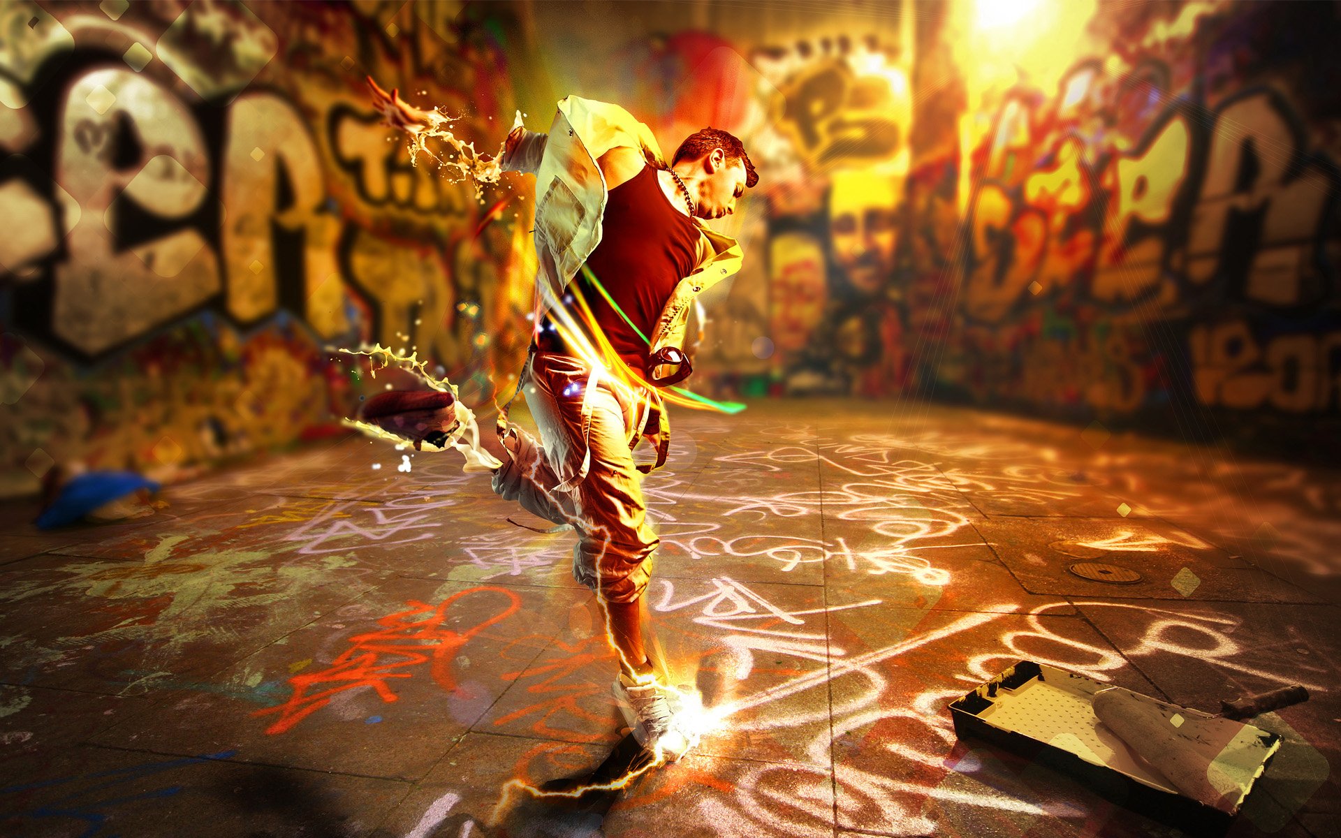 A high-definition desktop wallpaper featuring an artistic image of a person in dynamic motion, surrounded by vibrant graffiti in an urban setting.