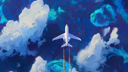 Artistic HD desktop wallpaper of an airplane soaring above vibrant, swirling clouds against a deep blue sky, tagged with cloud, airplane, and aircraft.