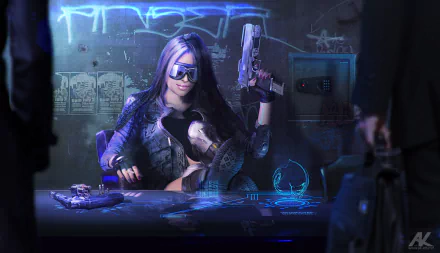 Sci-fi cyberpunk HD desktop wallpaper featuring a woman with futuristic glasses and a gun, seated at a neon-lit table with holographic displays and graffiti on the wall behind her.