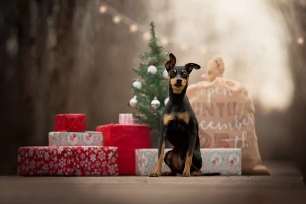 A HD wallpaper featuring a Doberman Pinscher puppy sitting among holiday gifts and a decorated Christmas tree, with a soft depth of field background creating a festive atmosphere.