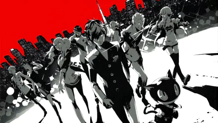 HD desktop wallpaper of Persona 5 video game featuring the main characters in a dynamic red, black, and white color scheme, set against a city skyline background.