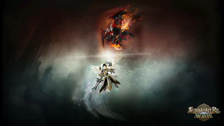 HD desktop wallpaper showing characters from Summoners War: Sky Arena engaged in a dramatic battle, with dark atmospheric background.