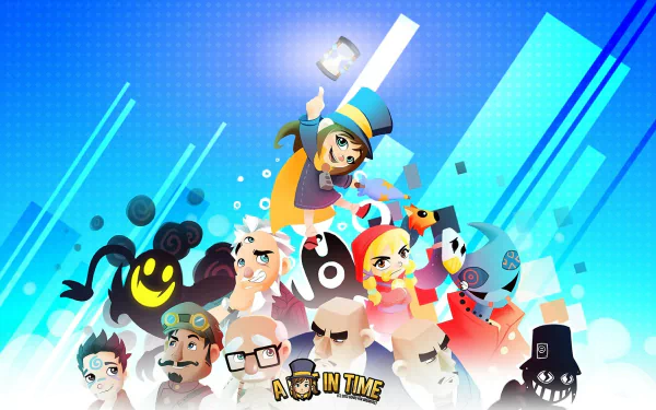 HD desktop wallpaper featuring characters from A Hat in Time game, with a vibrant, blue geometric background.