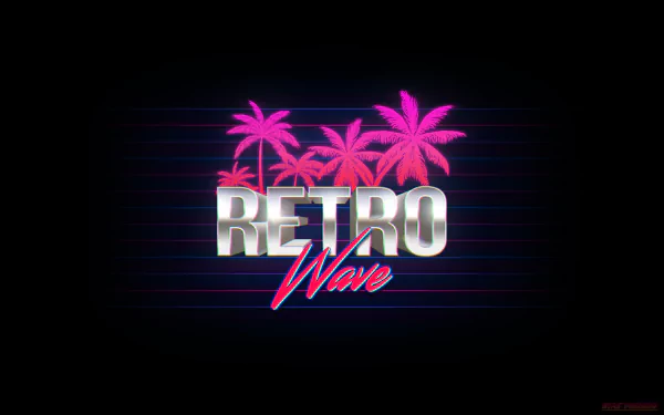 HD PC desktop wallpaper featuring neon synthwave typography with pink palm trees and RETRO Wave text in a vibrant retrowave artistic style.