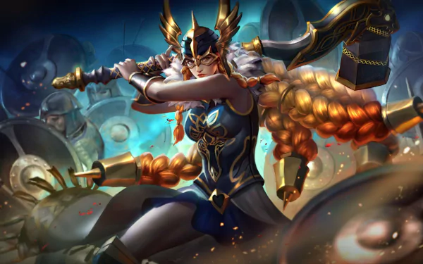 HD desktop wallpaper of a Vainglory character poised for battle in dynamic armor, for gaming background use.