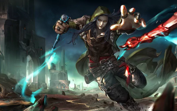 HD Vainglory desktop wallpaper featuring an action-packed scene with a character wielding a glowing energy weapon.