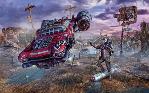 HD PC wallpaper depicting a post-apocalyptic Fallout scene with a flying car, a figure in armor, and a bomb on a desolate, ruined landscape under a cloudy sky.