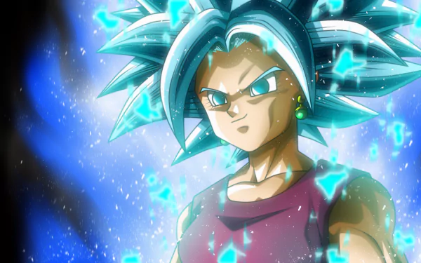 HD desktop wallpaper featuring Kefla from Dragon Ball Super, with a dynamic background and vivid blue energy effects.