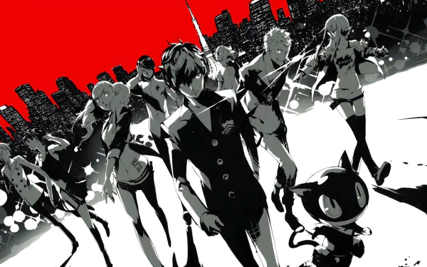 HD desktop wallpaper of Persona 5 video game featuring the main characters in a dynamic red, black, and white color scheme, set against a city skyline background.