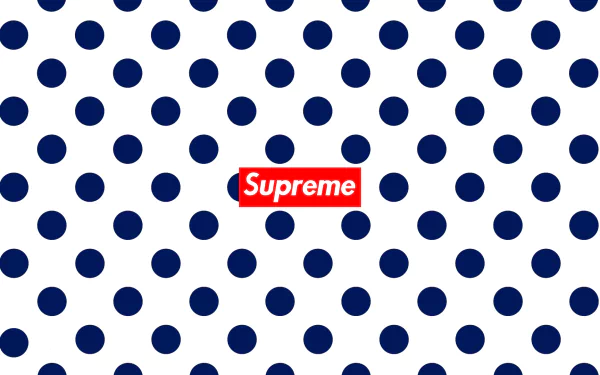 HD wallpaper featuring a white background with a pattern of navy blue polka dots and the Supreme brand logo in red at the center.