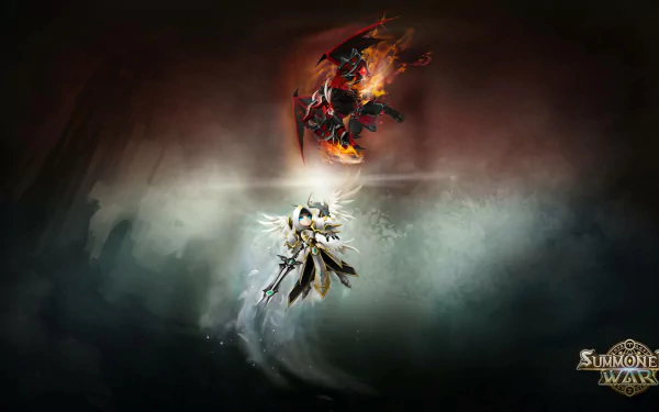 HD desktop wallpaper showing characters from Summoners War: Sky Arena engaged in a dramatic battle, with dark atmospheric background.
