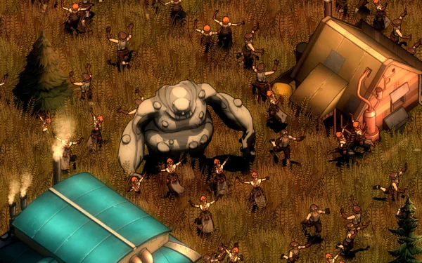 HD desktop wallpaper from the steampunk game They Are Billions, featuring a giant robot amid a horde of zombies.