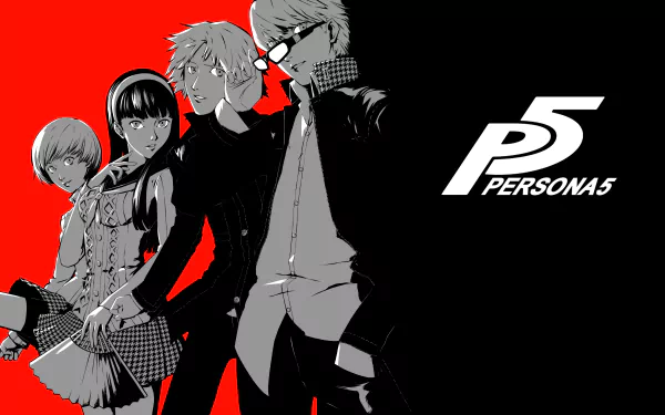 HD desktop wallpaper featuring Chie Satonaka and Yu Narukami from Persona 4 Golden, with a bold red and black design and the Persona 4 logo.