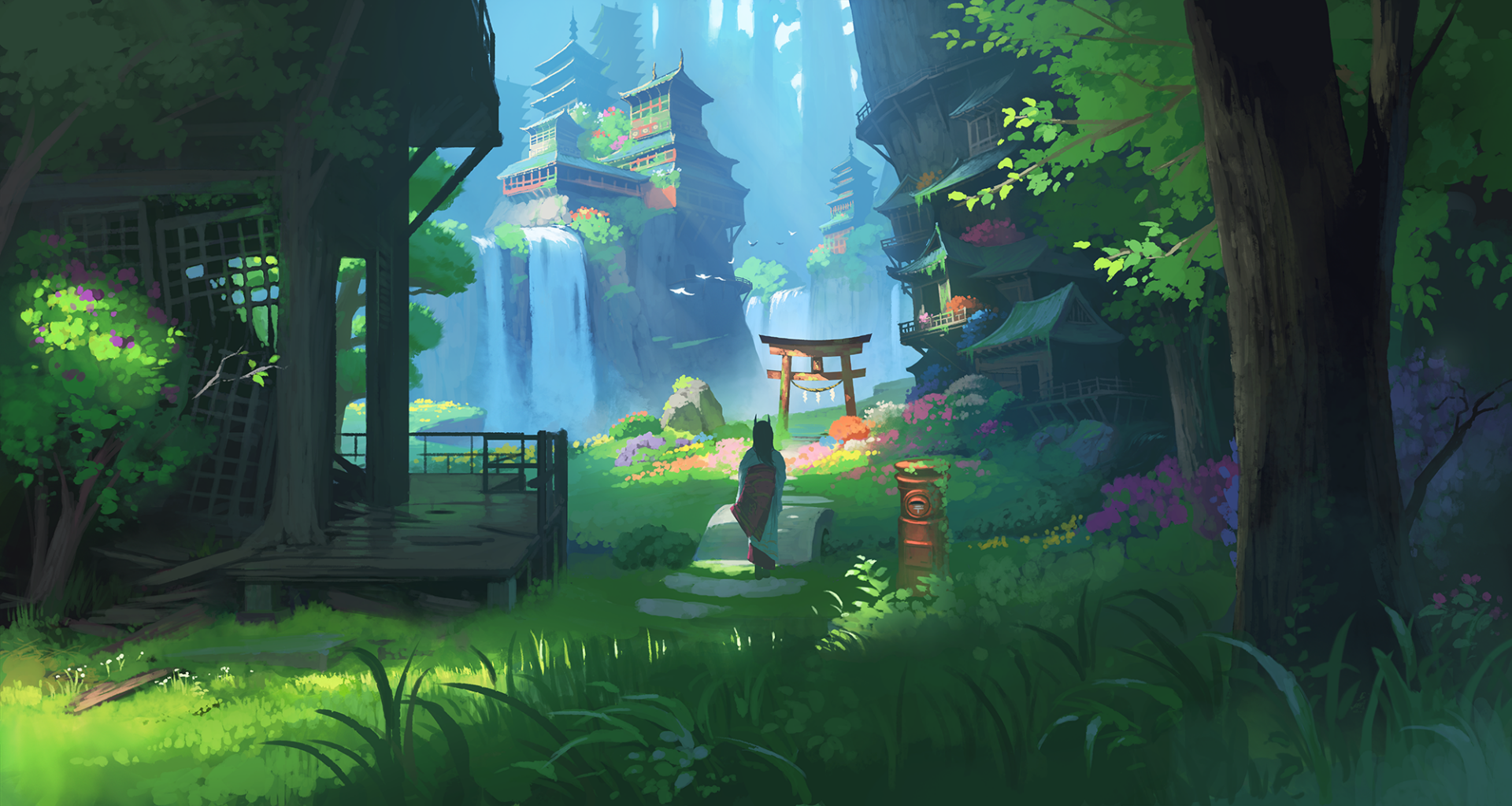 HD anime wallpaper depicting a serene, lush landscape with waterfalls, a torii gate, and traditional Japanese architecture, bathed in soft sunlight.