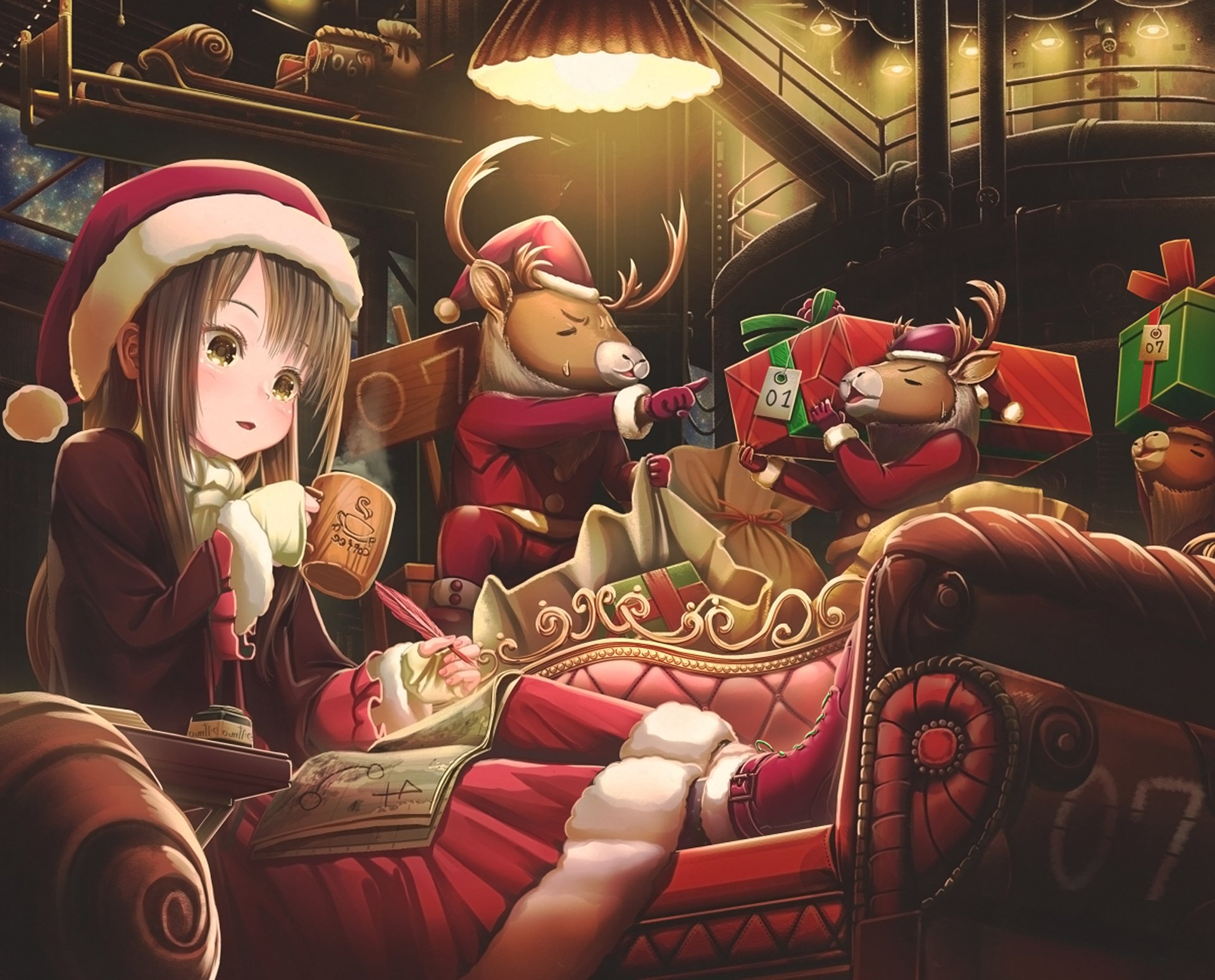 Anime-style HD PC desktop wallpaper featuring a cozy Christmas scene with a girl in a Santa hat and reindeer preparing gifts in a warmly lit, original festive setting.