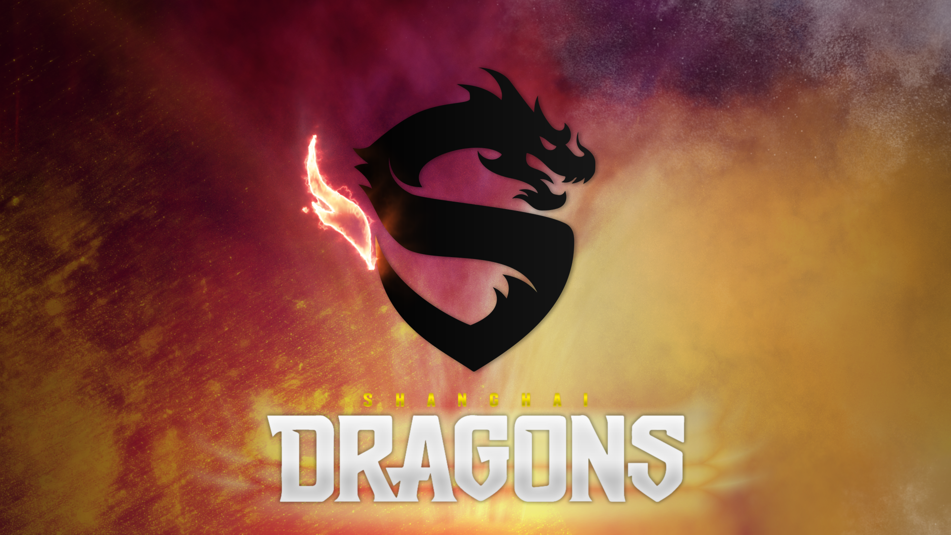 HD PC desktop wallpaper featuring the Shanghai Dragons logo from the video game Overwatch, set against a fiery red and orange smoky background.