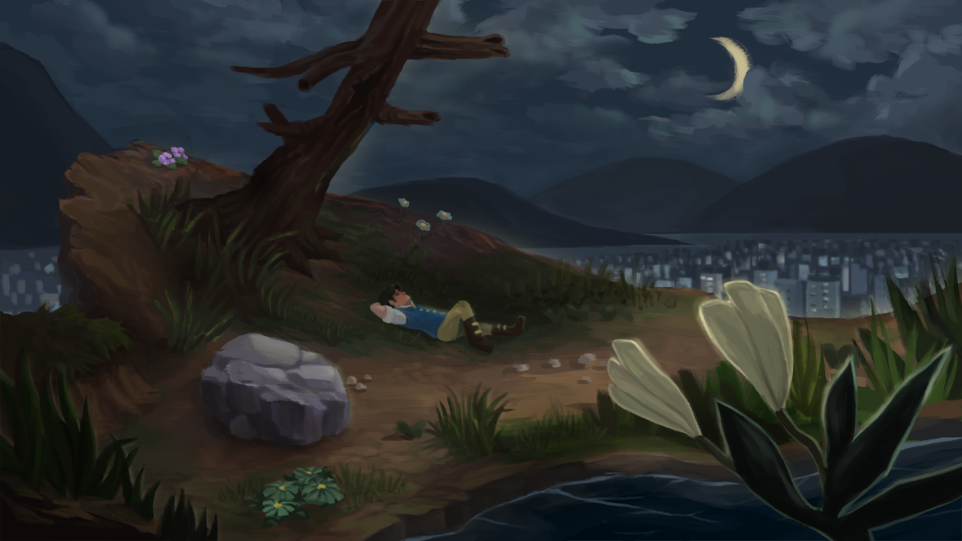 HD wallpaper from Finding Paradise featuring a tranquil nighttime scene with a character relaxing by a lake with a city in the distance.