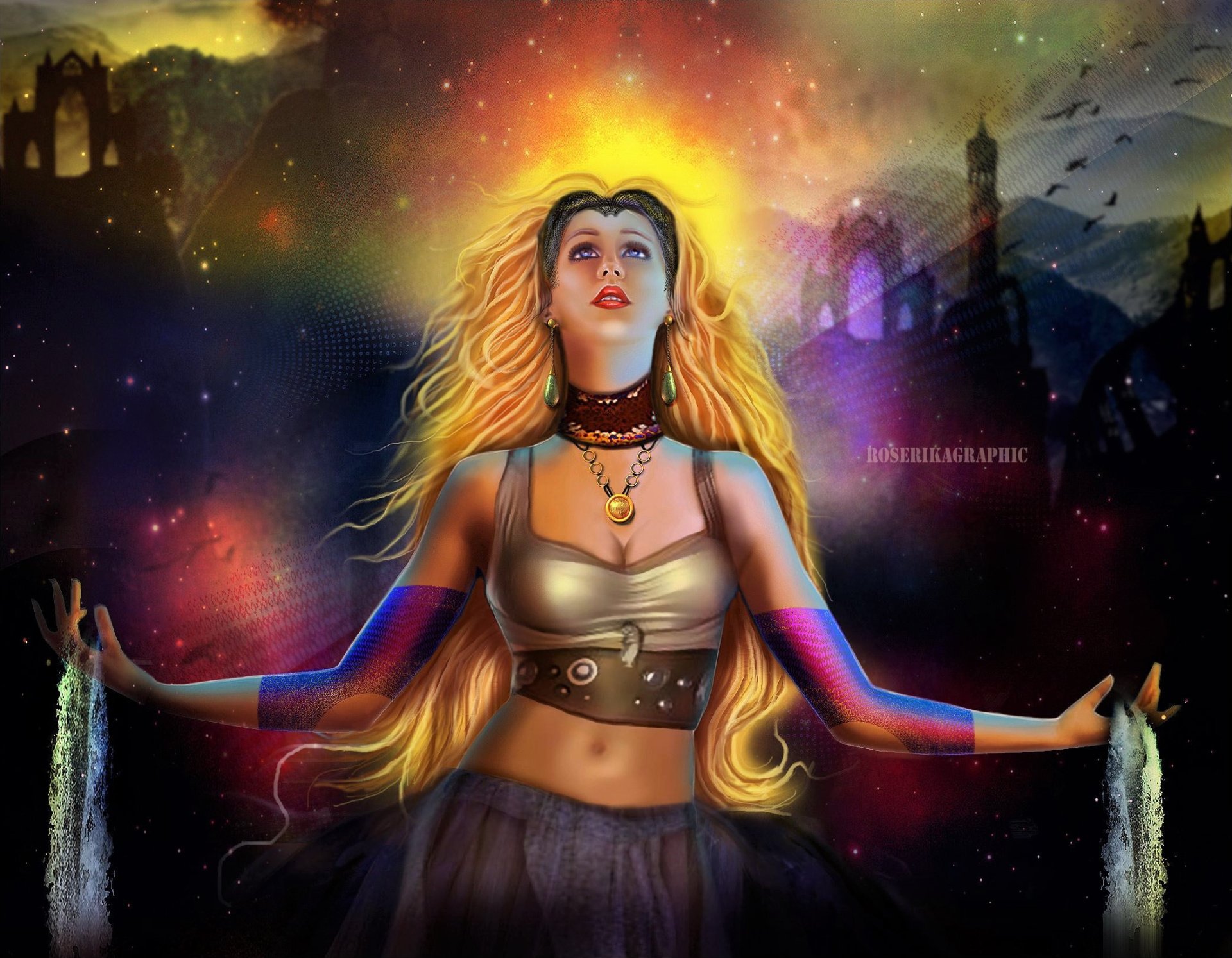 Artistic fantasy HD PC desktop wallpaper: blonde woman with flowing hair and earrings, arms outstretched as water streams from her hands against a glowing, castle-lit sky.