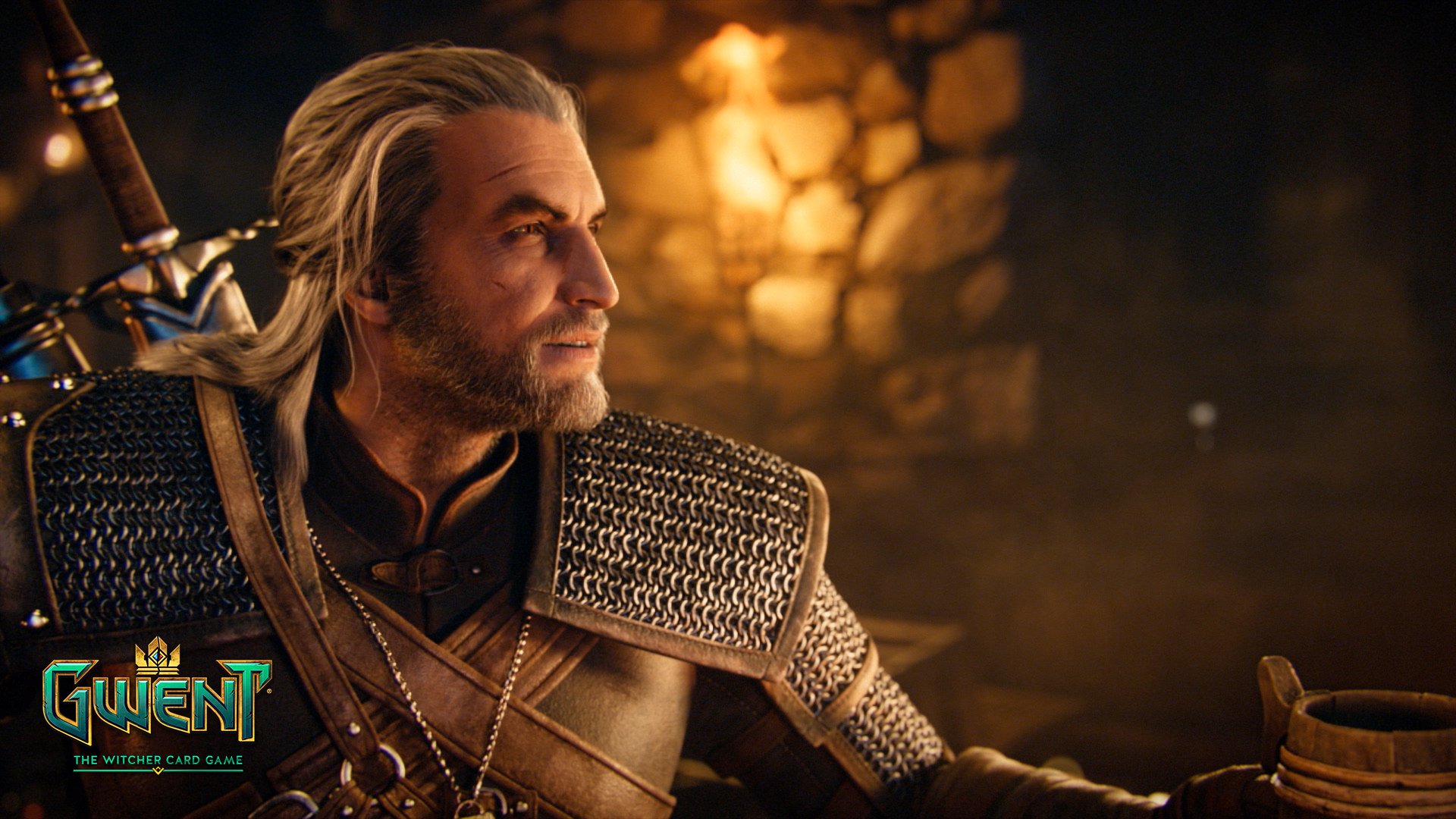 HD PC desktop wallpaper of Geralt of Rivia from the video game Gwent: The Witcher Card Game, featuring detailed armor and moody lighting against a stone wall backdrop.