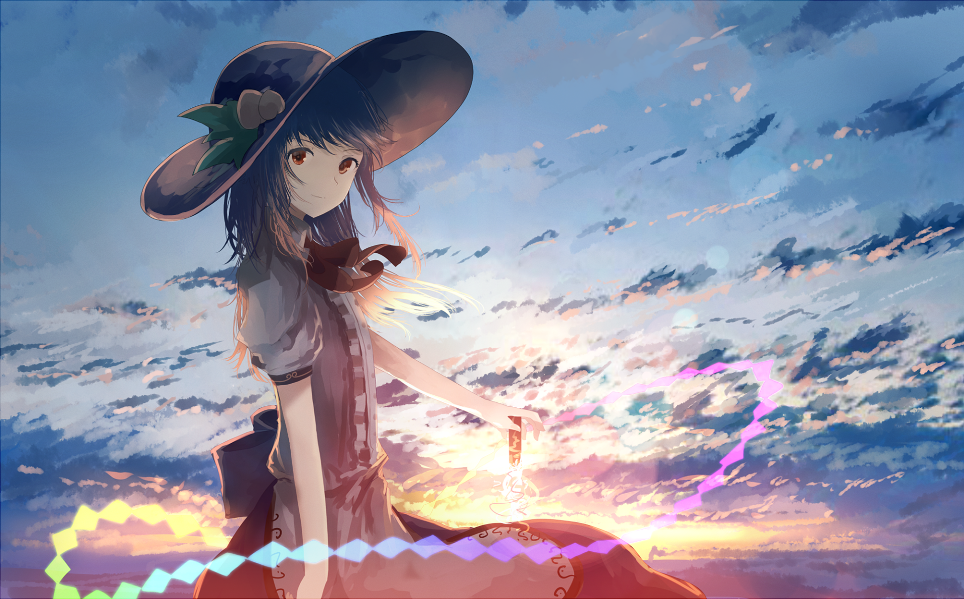 HD anime desktop wallpaper featuring Tenshi Hinanawi from Touhou, standing against a vibrant sunset sky with dynamic, colorful light effects.
