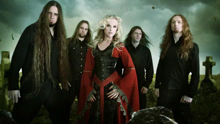 HD PC desktop wallpaper featuring the symphonic metal band Leaves' Eyes against a moody, cloudy sky backdrop.