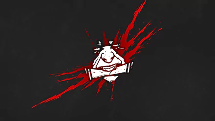 Minimalist 8K Ultra HD PC video game wallpaper: Dead by Daylight Iron Will perk emblem — white mask with clenched hands and bold red slash on black background, Minimalist Gaming aesthetic.