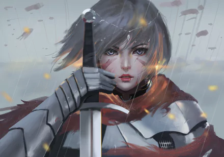 Anime-style original artwork of a determined female warrior in armor holding a sword, depicted in 4K Ultra HD as a striking PC desktop wallpaper and background.