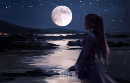 Anime original HD PC desktop wallpaper featuring a girl with long hair standing by a reflective water body under a starry night sky with a bright full moon.