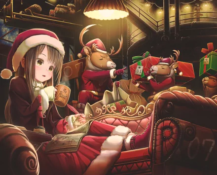 Anime-style HD PC desktop wallpaper featuring a cozy Christmas scene with a girl in a Santa hat and reindeer preparing gifts in a warmly lit, original festive setting.