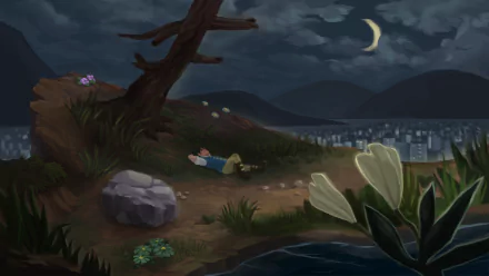 HD wallpaper from Finding Paradise featuring a tranquil nighttime scene with a character relaxing by a lake with a city in the distance.