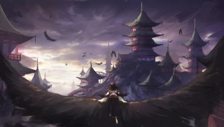 A stunning HD desktop wallpaper of Aya Shameimaru from Touhou, showcasing her flying towards a serene, picturesque landscape with traditional Japanese temples under a dramatic, cloudy sky.