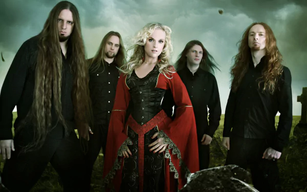 HD PC desktop wallpaper featuring the symphonic metal band Leaves' Eyes against a moody, cloudy sky backdrop.