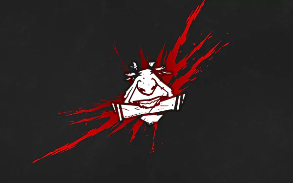 Minimalist 8K Ultra HD PC video game wallpaper: Dead by Daylight Iron Will perk emblem — white mask with clenched hands and bold red slash on black background, Minimalist Gaming aesthetic.