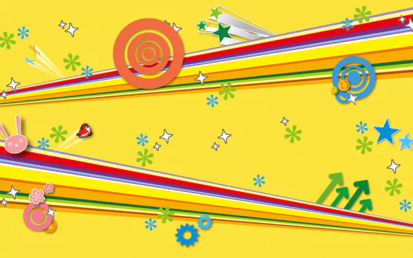 HD PC desktop wallpaper featuring colorful stripes, playful icons, and vibrant elements inspired by the video game Persona 4 Golden and Persona 4.