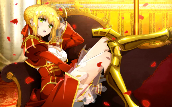 HD desktop wallpaper and background featuring Nero Claudius, also known as Red Saber from the anime Fate/Extra, lounging luxuriously on a sofa amidst a golden, regal setting.